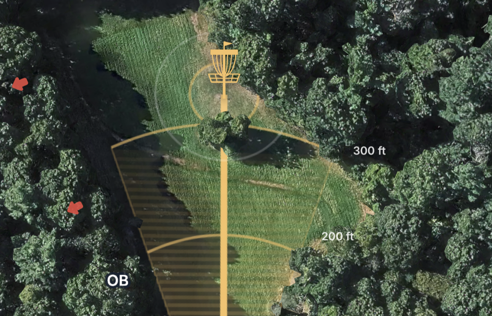 A Radius hole map: satellite fairway with the flight line, distance arcs at 200 and 300 ft, the basket and hatched OB